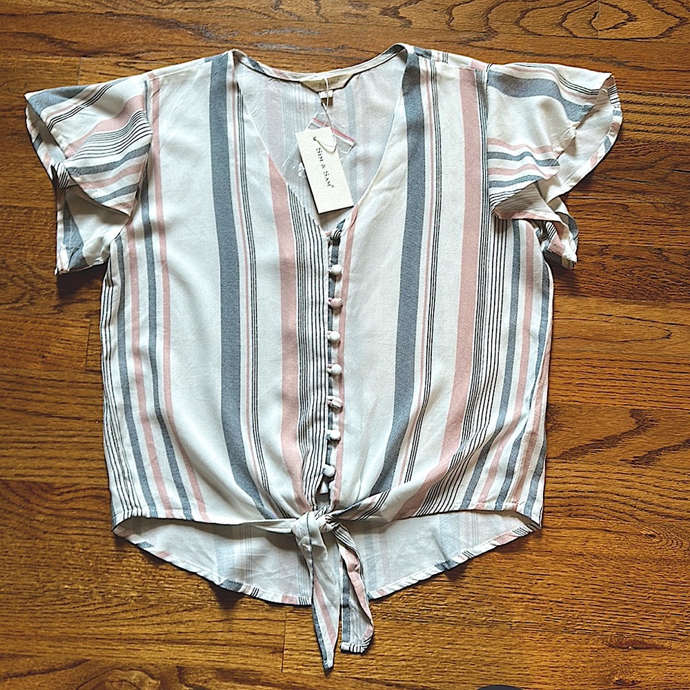 Sim&Sam V-neck white, navy, pink striped button up flutter sleeved shirt